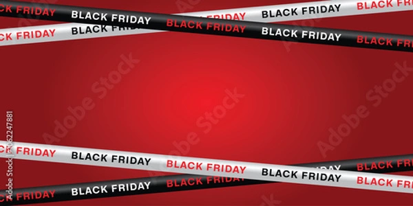Fototapeta Black Friday sale banner with red and black crossed ribbons and tapes on a red background. Sale, Offer, Graphic elements. Vector illustration
