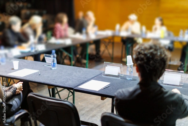 Obraz A group meets around a table for a collaborative discussion during an event in a community center setting