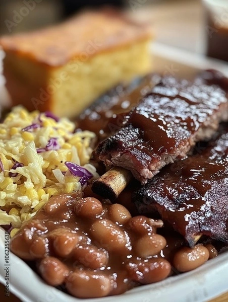 Obraz Close-up shot of a plate with BBQ ribs, baked beans, coleslaw, and cornbread, perfect for a hearty and satisfying meal.