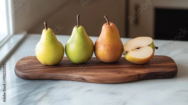 Fototapeta Four pears, two whole and one cut in half, arranged on a wooden cutting board on a white marble surface.