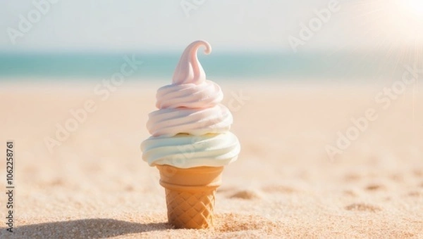 Fototapeta soft serve pastel ice cream cone on sunny beach background.