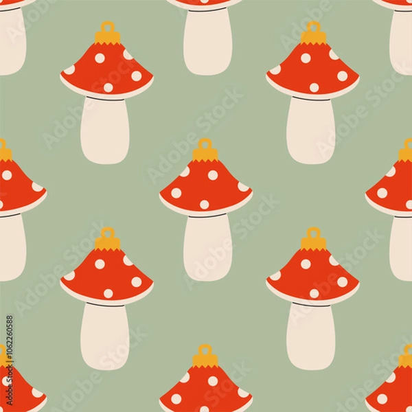 Fototapeta Whimsical red and cream mushroom pattern on light green background