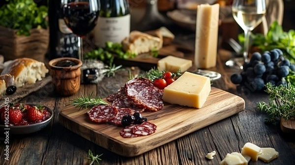 Fototapeta A wooden board on a rustic table is set with salami slices, cheese cubes, black olives, a sprig of rosemary, and cherry tomatoes.