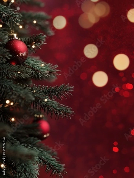 Obraz Christmas Tree With Ornament And Bokeh Lights In Red Background