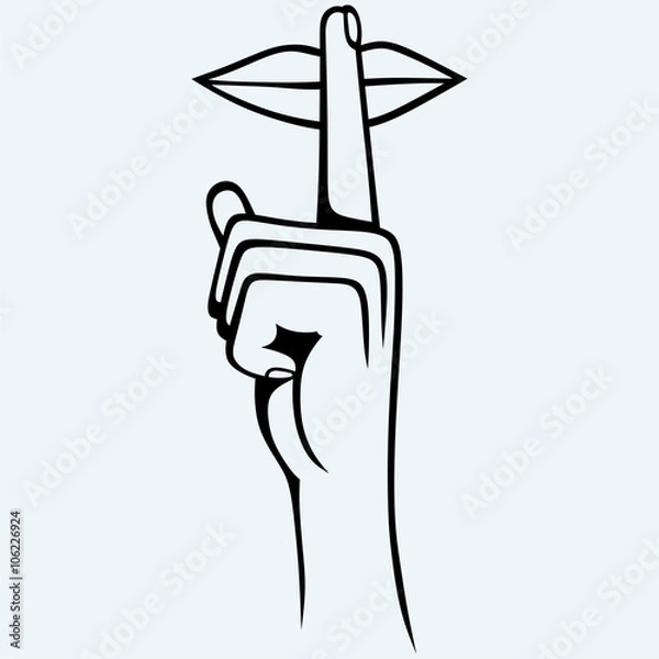 Fototapeta Usta z palcem proszącym o ciszę. Na białym tle na niebieskim tle. Sylwetki wektorowe