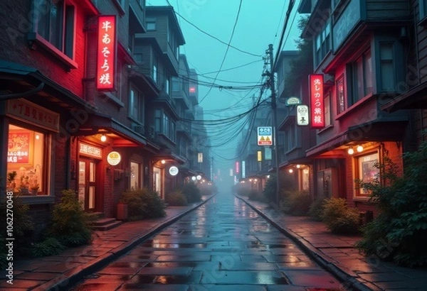 Fototapeta Misty evening stroll through a tranquil street lined with vibrant neon signs in an Asian town under soft rain