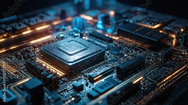 Fototapeta Advanced Technology Concept Visualization of Motherboard CPU Processor Microchip Starting Artificial Intelligence Digitalization Process of Data Computing and Processing.Digital Lines of Informatio