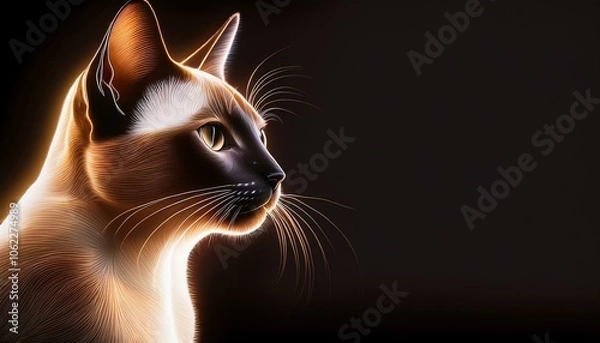 Fototapeta A Siamese cat with luminous fur glows against a dark background, its piercing gaze focused intently.