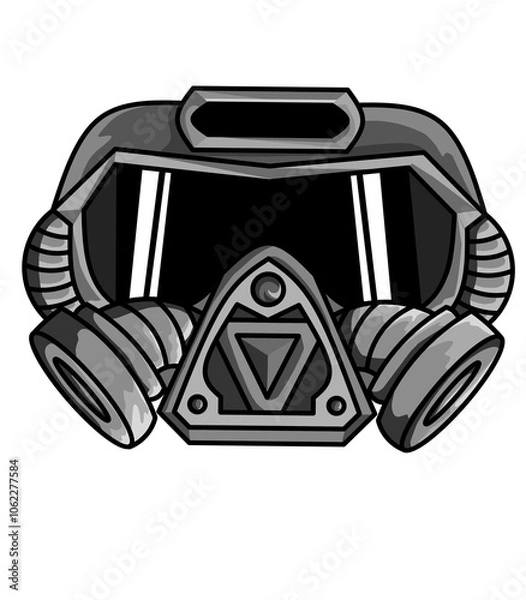 Obraz A minimalistic black-and-white line art illustration of an anti-nuclear gas mask. The mask has a large filter and protective eye lenses, designed for hazardous environments. 