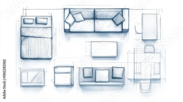 Fototapeta Abstract plan with space for text related to interior design: textures imitating furniture layout plans, sketches of modern sofa, armchair, bed with thin lines on a white background