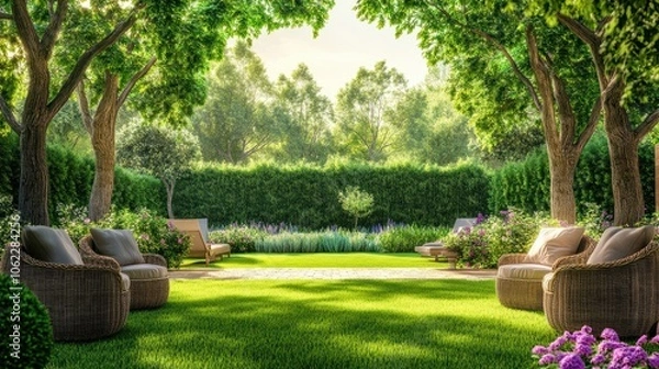 Fototapeta Beautiful green garden with wicker terrace furniture and trees