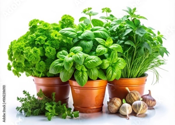Obraz Fresh Green Herbs in Potted Decor for Culinary Use
