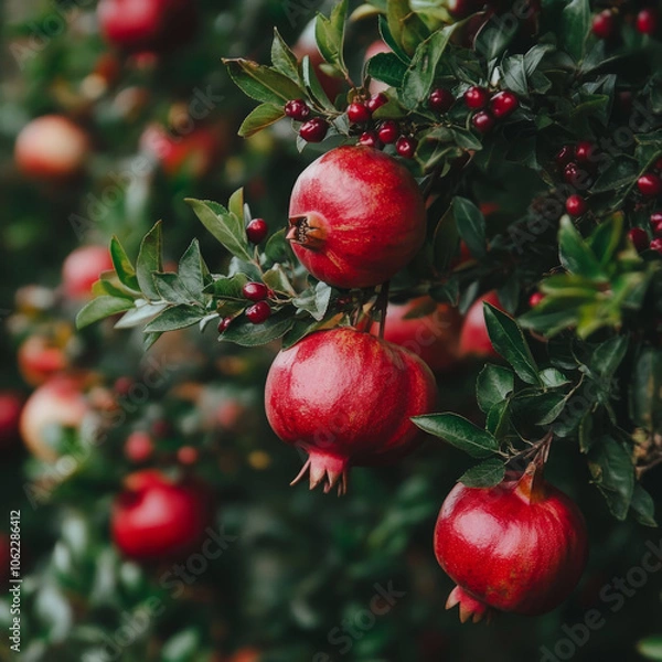 Fototapeta Discover a serene pomegranate garden, where vibrant fruits hang amid lush greenery, creating a peaceful oasis of beauty.