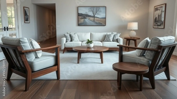 Fototapeta Modern Living Room Interior Design with Mid-Century Furniture and Blue Cushions for Architectural Photography