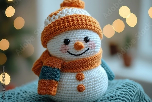 Obraz Knitted cute snowman toy. New Year 2025