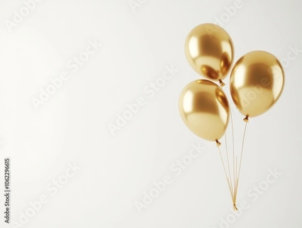 Obraz A bunch of three gold balloons floating on a white background, creating a festive and elegant party atmosphere.