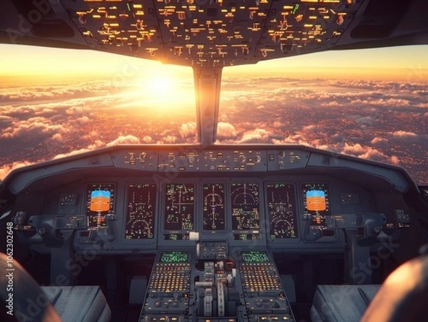 Obraz A modern airplane cockpit with illuminated controls, showcasing a view of the sunset through the large windows above a sea of clouds.