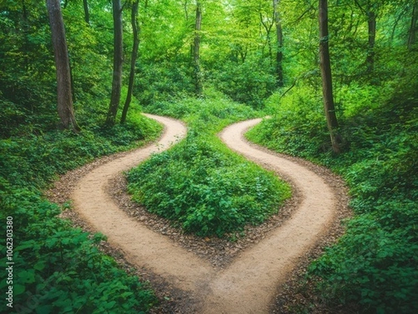 Fototapeta A scenic fork in the road amidst a lush green forest, symbolizing choices and decisions. The paths diverge in a peaceful, serene environment.