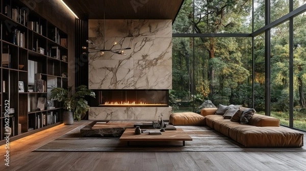 Fototapeta Modern living room with fireplace, large windows, and a view of a lush forest.