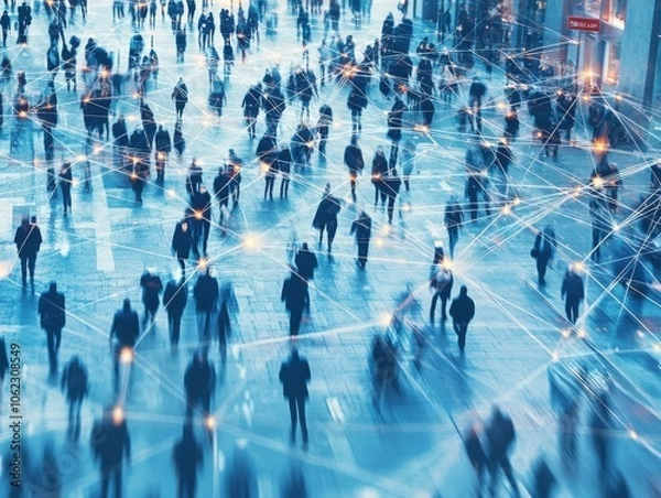 Fototapeta A bustling crowd is intertwined with a web of glowing connections, symbolizing digital communication and interconnectedness in an urban environment.