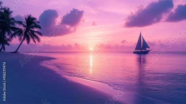 Fototapeta **Watercolor-style of a serene tropical beach at sunrise