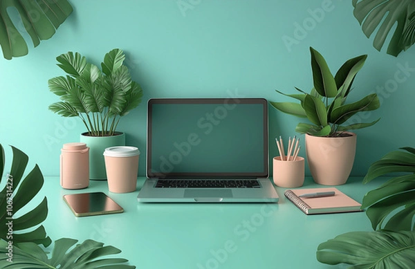 Obraz 3D rendering of a laptop mockup on a table with office stationery and potted plants against a blue-green background. Minimalist style, digital artwork, high resolution