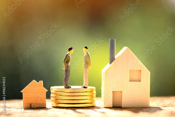 Obraz Two businessmen standing on the stack coins are negotiating for buy and sell or exchange purchase a home put on the wood in the public park, Loan and investment for real estate concept.