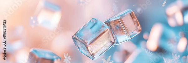 Fototapeta Close-up of glistening ice cubes against a soft, blurred background.