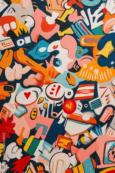 Fototapeta A colorful and chaotic pattern of cartoon figures and shapes.