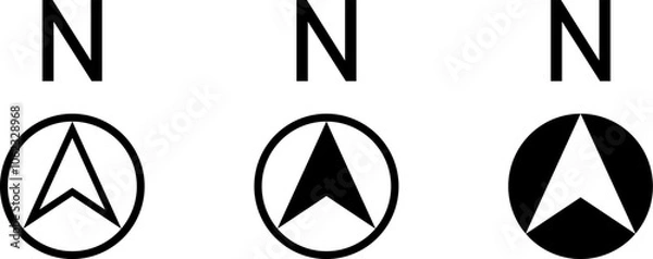 Fototapeta Basic Black Round North Mark Arrow Sign Symbol in Circle Icon Set for Map or Site Plan Orientation. Vector Image.