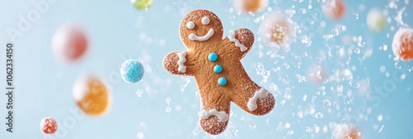 Fototapeta Gingerbread Man Floating in Mid-Air, Surrounded by Icing and Gumdrop Decorations Suspended Around Him 