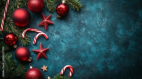 Obraz Christmas background with decorations along the edges. Christmas tree branches, gold glitter balls, stars, and garland. Flat lay, top view on a dark background with copy space.