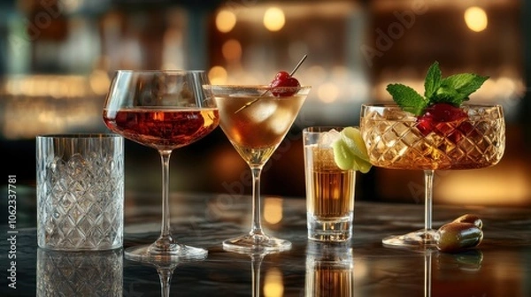 Fototapeta Assorted cocktails and drinks in elegant glasses on a bar counter with warm lighting