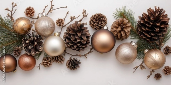 Fototapeta Christmas background with decorations along the edges. Christmas tree branches, gold glitter balls, stars, and garland. Flat lay, top view on a dark background with copy space.