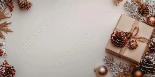 Obraz Christmas background with decorations along the edges. Christmas tree branches, gold glitter balls, stars, and garland. Flat lay, top view on a dark background with copy space.