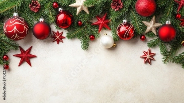 Fototapeta Christmas background with decorations along the edges. Christmas tree branches, gold glitter balls, stars, and garland. Flat lay, top view on a dark background with copy space.