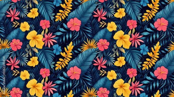 Fototapeta Creative seamless pattern featuring hand drawn tropical leaves and vibrant flowers perfect for fabric design or tropical themed decor