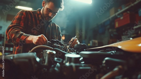 Obraz Mechanic Performing Car Engine Repair in Workshop