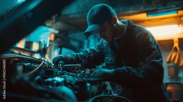 Obraz Mechanic Performing Car Engine Repair in Workshop