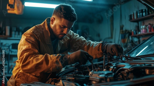 Obraz Mechanic Performing Car Engine Repair in Workshop