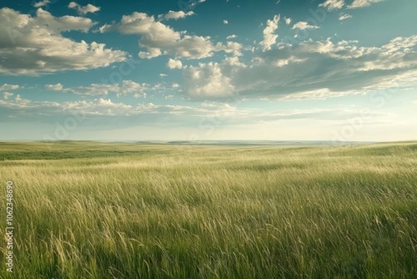 Obraz Expansive prairies with tall, waving grasses and a distant horizon, under a wide and open sky with scattered clouds