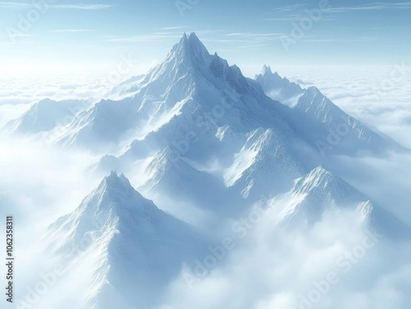 Fototapeta Majestic snow-capped mountain peaks rise above a sea of clouds, creating a serene and ethereal landscape. The light blue and white tones enhance the tranquil atmosphere.
