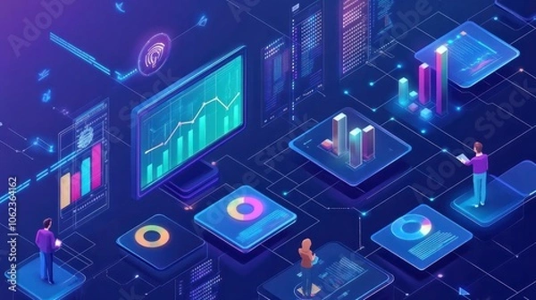 Fototapeta Working Data Analytics and Data Management Systems and Metrics connected to corporate strategy database for Finance, Intelligence, Business Analytics with Key Performance Indicators, social network