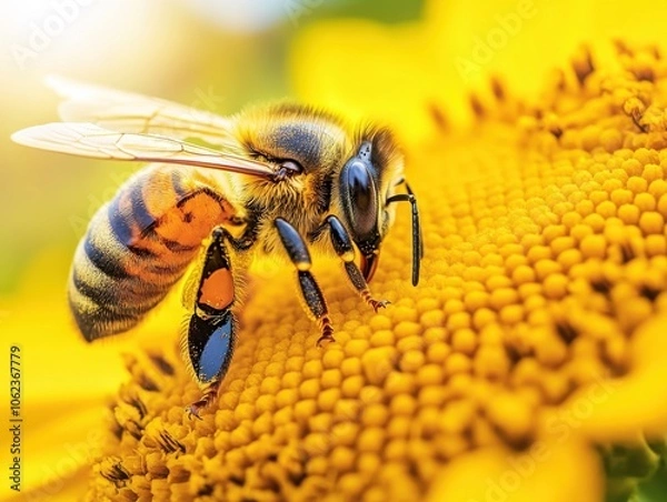 Fototapeta A detailed close-up of a striped bee collecting pollen from a vibrant yellow flower, showcasing its intricate features and natural beauty.