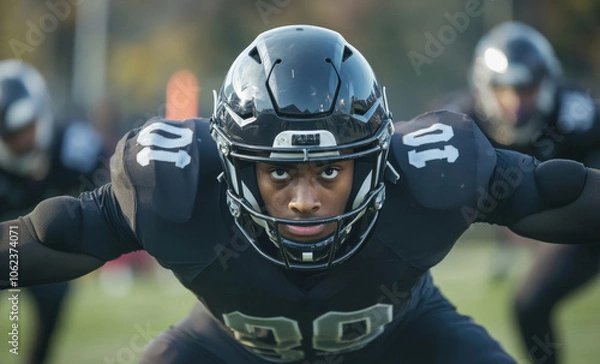 Fototapeta Athlete stretching arms on the sidelines during a football warm-up before an important game in autumn