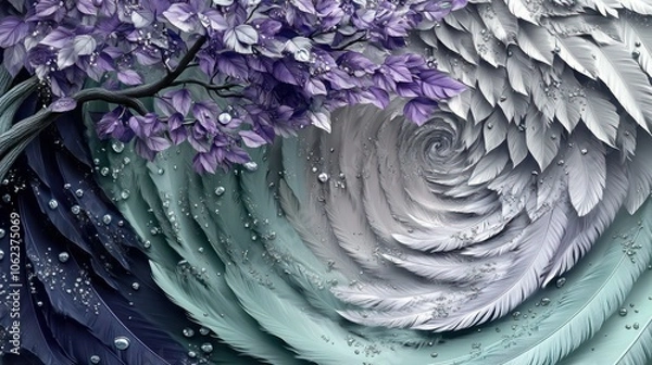 Fototapeta A dynamic 3D mural of a tree with violet and mint green leaves, accented by gradient feathers fading from navy to silver, dewdrops sparkling, swirling into a tranquil vortex.