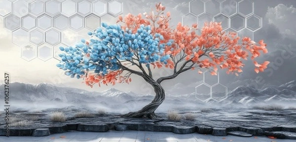 Fototapeta A dynamic 3D mural of a tree with sky blue and coral leaves, enhanced by watercolor textures, set against a gray landscape with a futuristic hexagonal background.