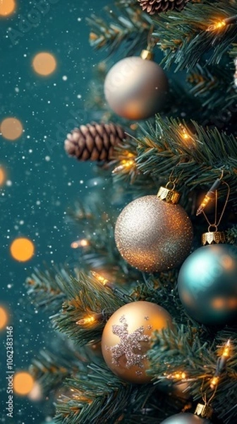 Fototapeta Festive Christmas tree adorned with shimmering ornaments in gold, silver, and teal, illuminated by warm lights against a dark teal background with bokeh.