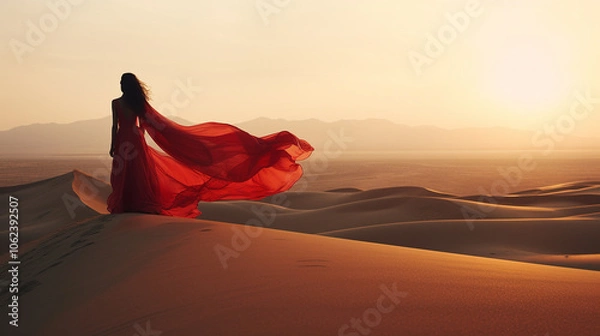 Obraz Beautiful exotic Middle Eastern woman standing on a sand dune in the desert with flowing red dress blowing in the wind