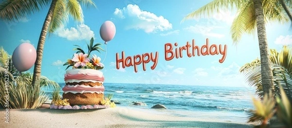 Fototapeta Bright orange 3D "Happy Birthday" text on a beach scene, with palm tree balloons and a cake topped with tropical flowers.